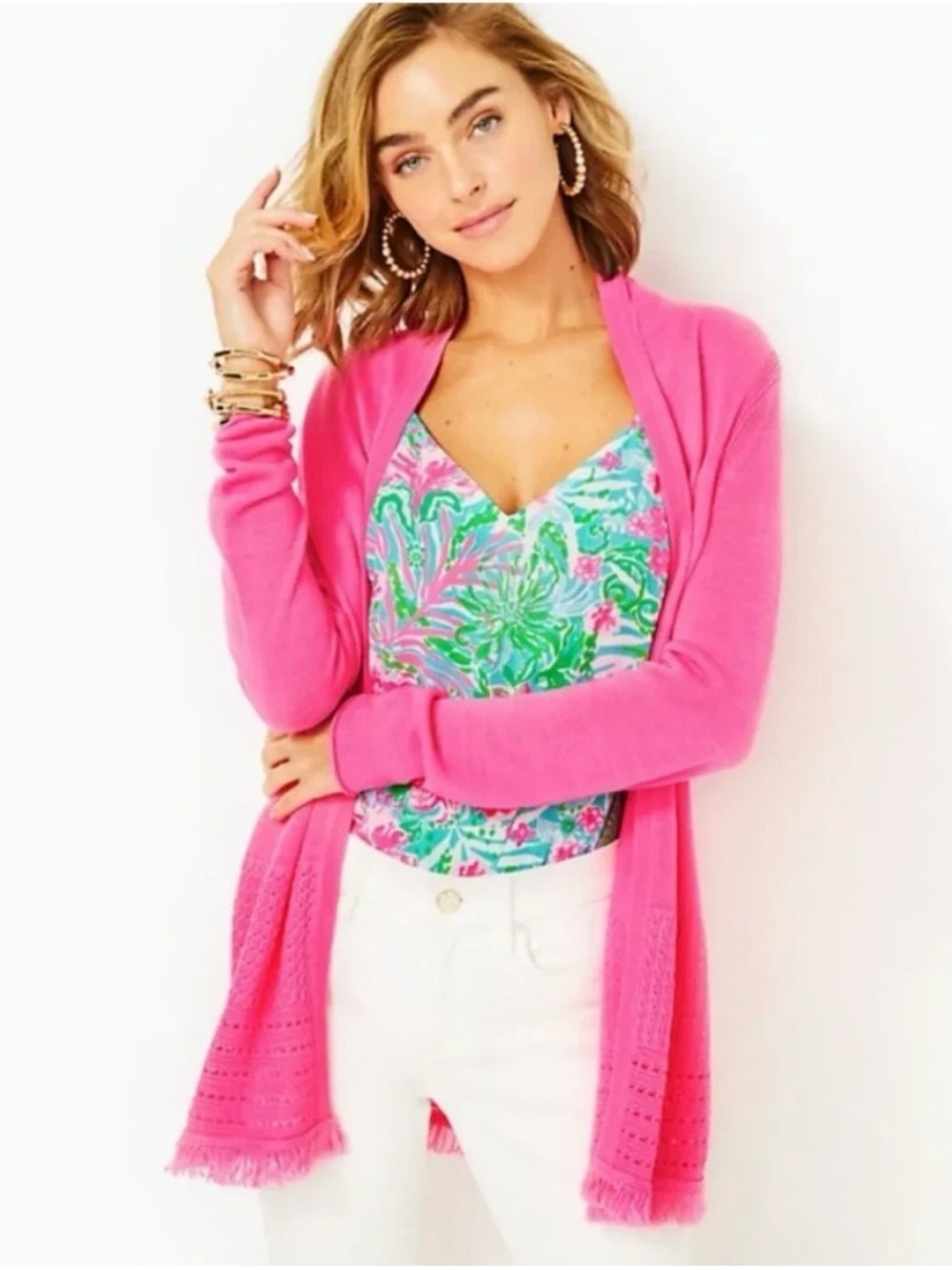 Lilly Pulitzer Noble Fringe Cardigan Sweater Hot Pink Women S Colorful Resort
